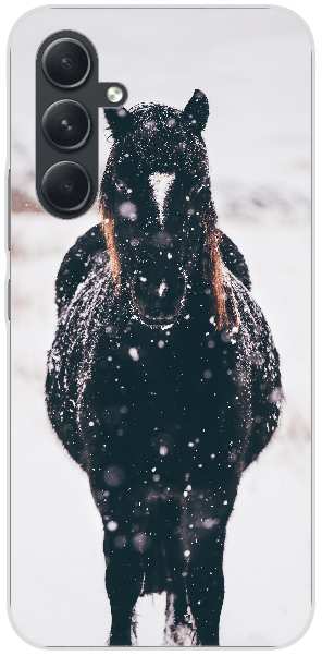 Dark horse head-on in snowy landscape