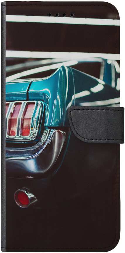 Halbe Heckansicht auf blaues klassisches US Muscle Car
