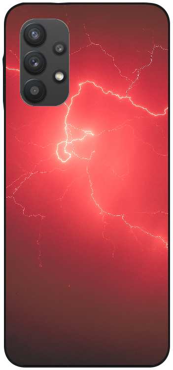 Thunderstorm with lightning in front of a red glowing night sky