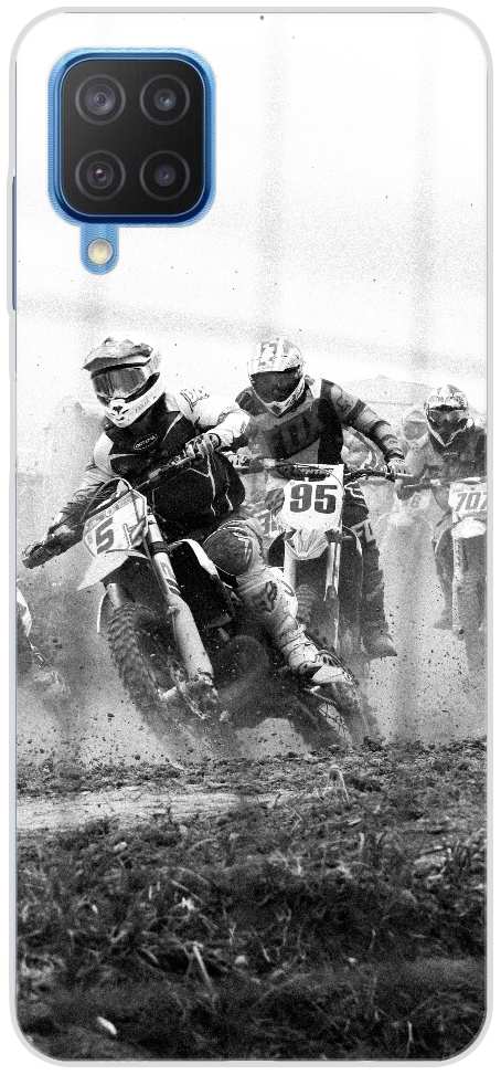 grayscale photo of dirt bike racing