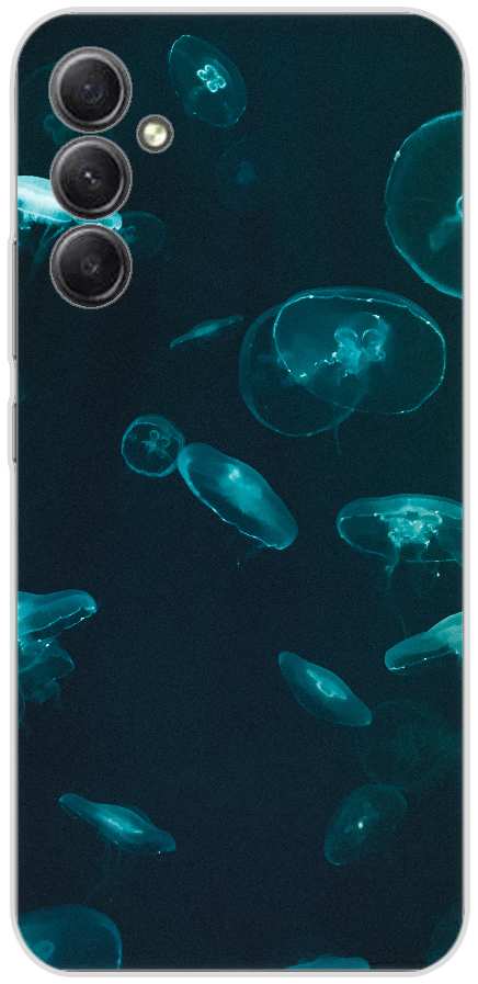 Blue and white jellyfish in water